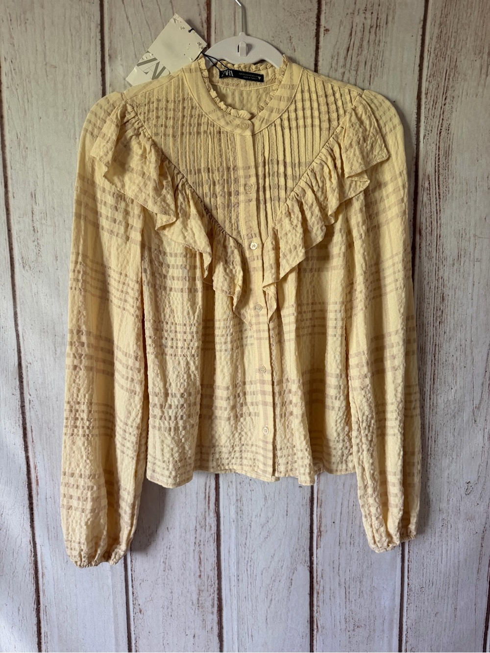 Zara Textured Plaid Ruffle Long Sleeve Blouse Yellow XS NWT